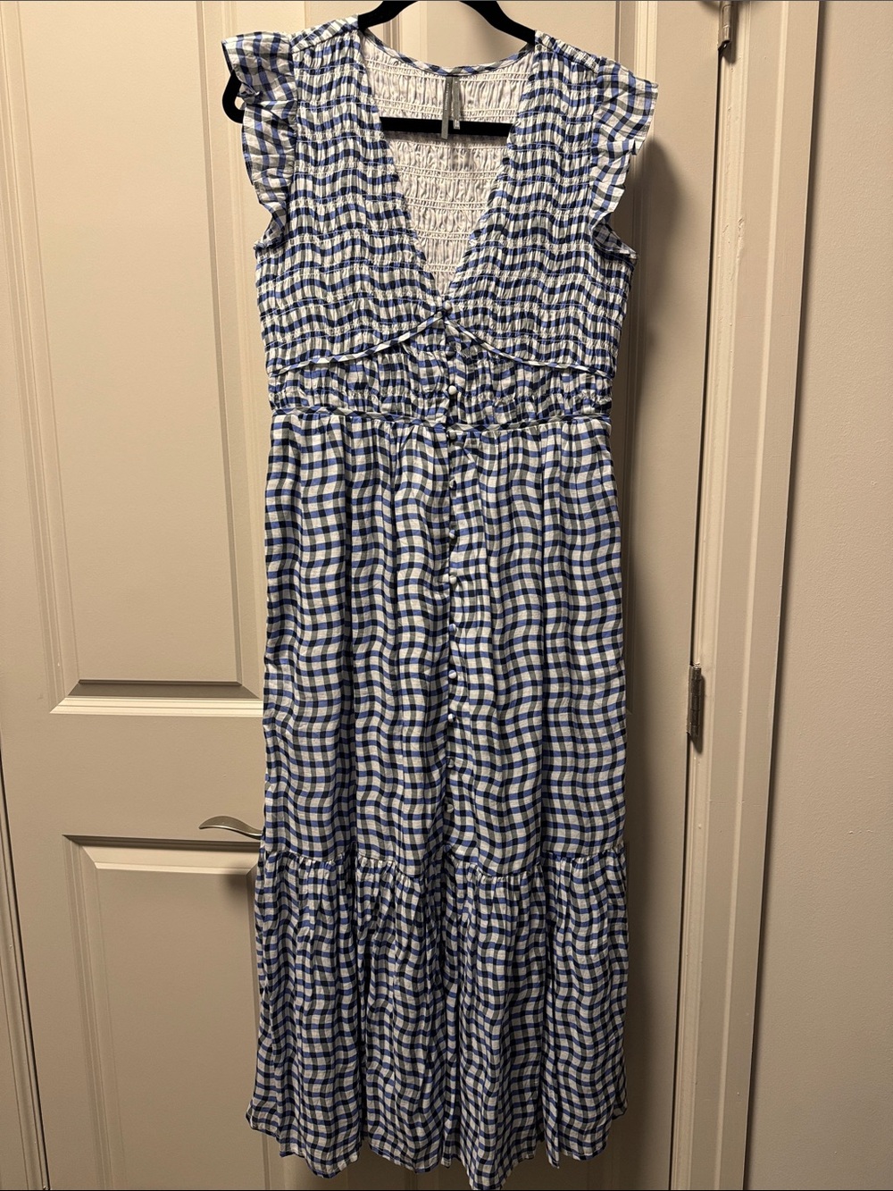 Anthropologie Blue & White Gingham Ruffle Sleeve Maxi Dress Size Small